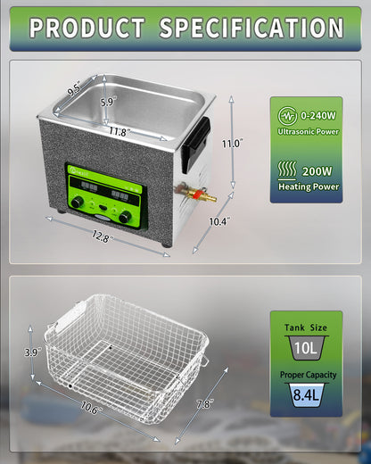 ONEZILI 10L Ultrasonic Cleaner with Digital Timer, Heater & Power Adjustable, 40kHz Industrial & Home Use for Jewelry, Glasses, Tools, Carburetor Cleaning