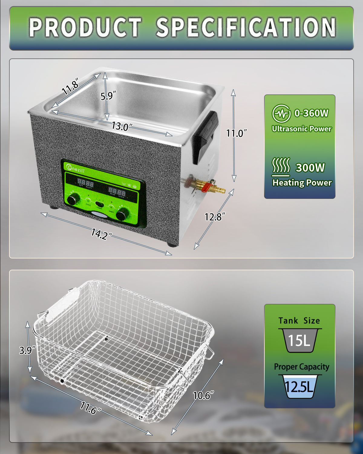 ONEZILI 15L Ultrasonic Cleaner with Digital Timer, Heater & Power Adjustable, Industrial & Home Use for Parts, Tools, Jewelry, Carburetor Cleaning