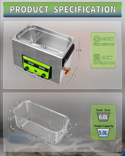 ONEZILI 6L Ultrasonic Cleaner with Digital Timer, Heater & Power Adjustable, 40kHz for Jewelry, Glasses, Tools, Carburetor - Industrial & Home Use