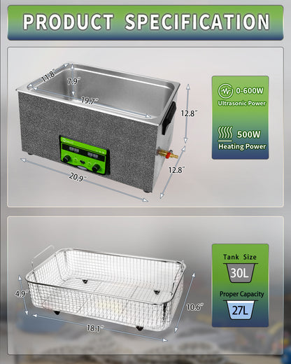 ONEZILI 30L Upgraded Professional Ultrasonic Cleaner with Digital Timer, Heater & Power Adjustable, Industrial & Home Use for Parts, Tools, Jewelry, Carburetor Cleaning