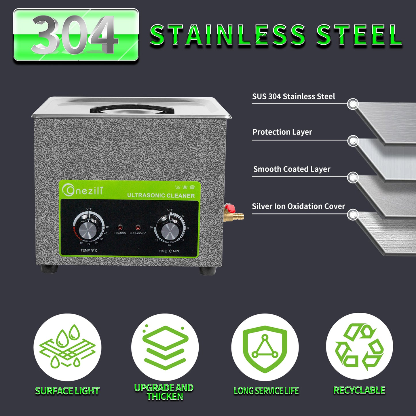 ONEZILI 10L Ultrasonic Cleaner with Heater & Timer, 240W Industrial Grade Stainless Steel Tank