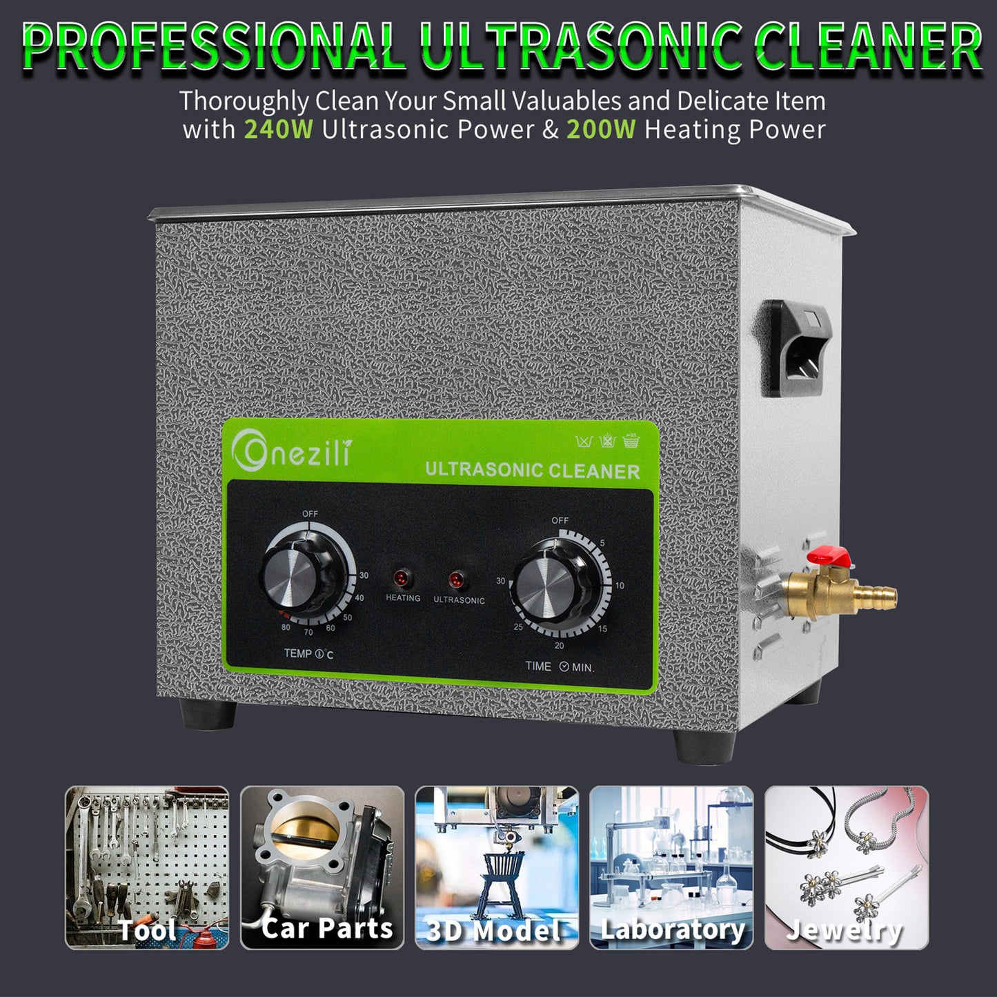 ONEZILI 10L Ultrasonic Cleaner with Heater & Timer, 240W Industrial Grade Stainless Steel Tank