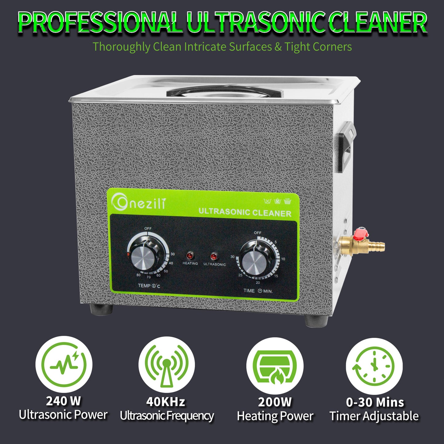 ONEZILI 10L Ultrasonic Cleaner with Heater & Timer, 240W Industrial Grade Stainless Steel Tank